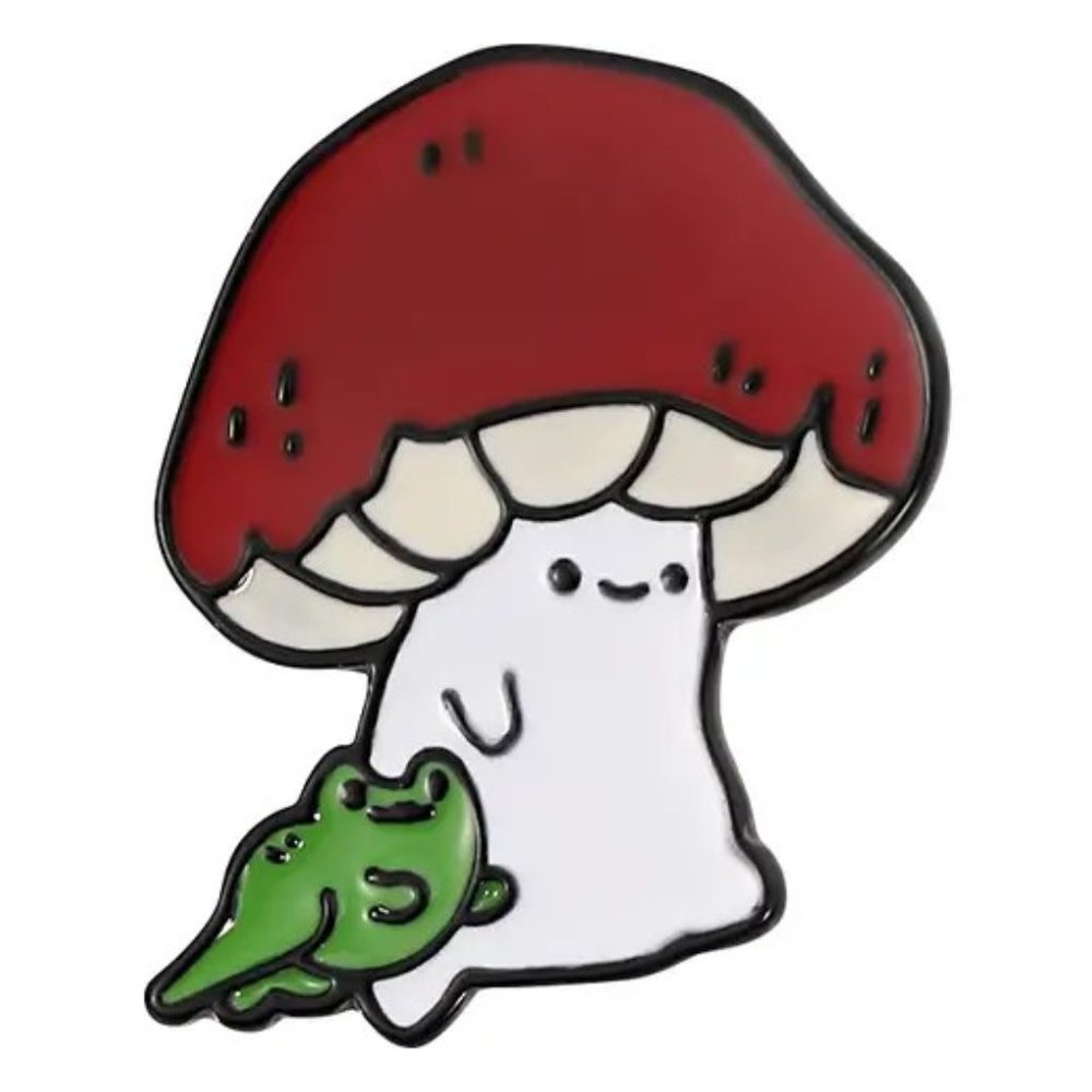 Mushroom & Frog Pin Brooch Cartoon Groovy Alice Wonderland Bag Charm Trendy Fun